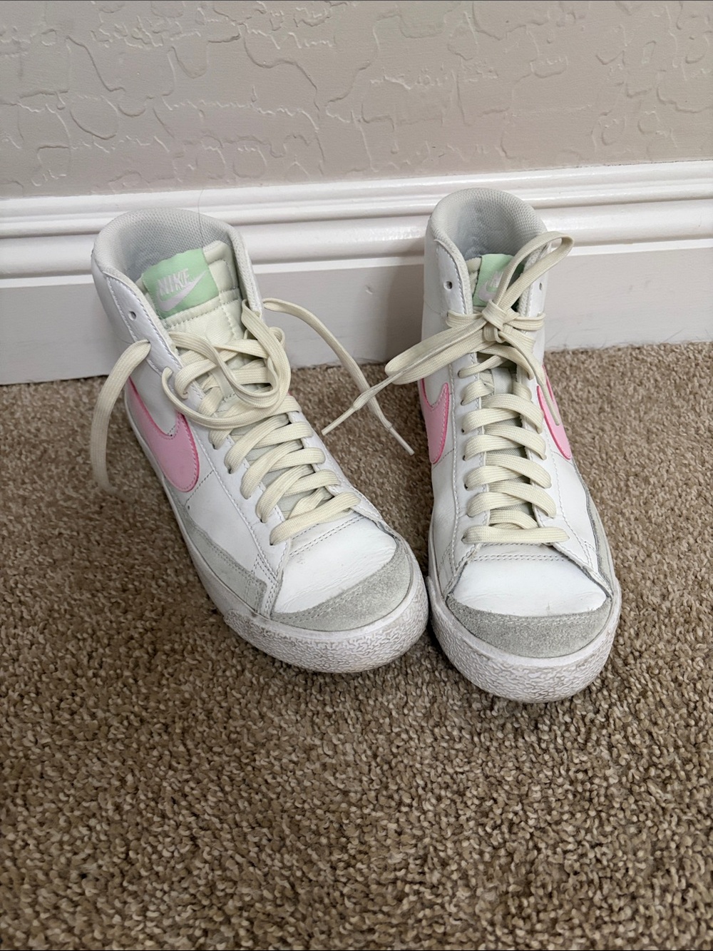 Nike Women's White High-Top Sneakers with Pink Swoosh and Light Green Tongue